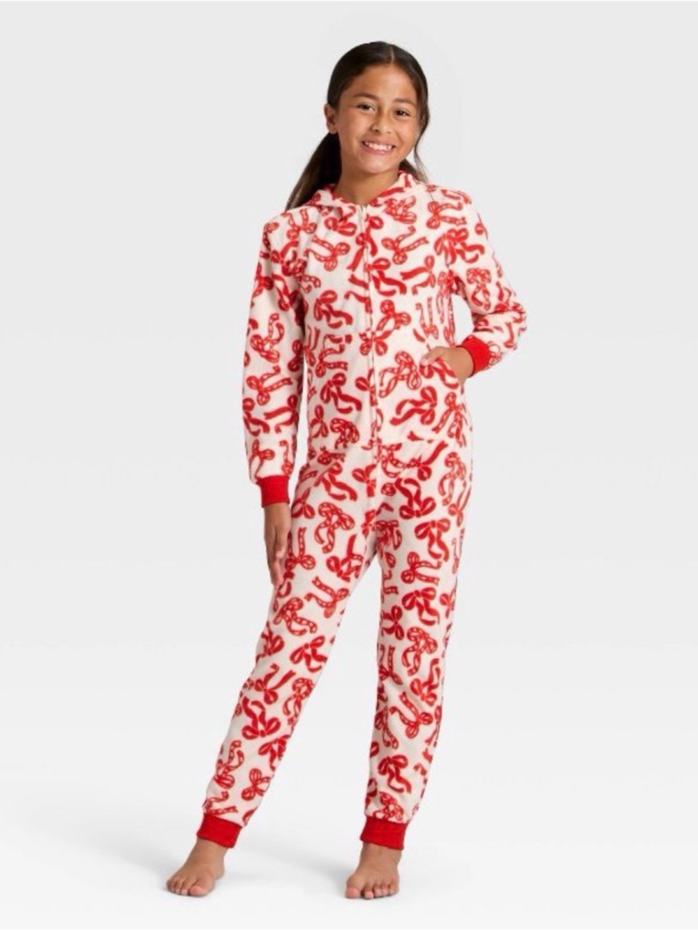 NWT CAT & Jack Cozy Red Bow print Kids Pajamas hooded Onesie Union suit 7 8 10